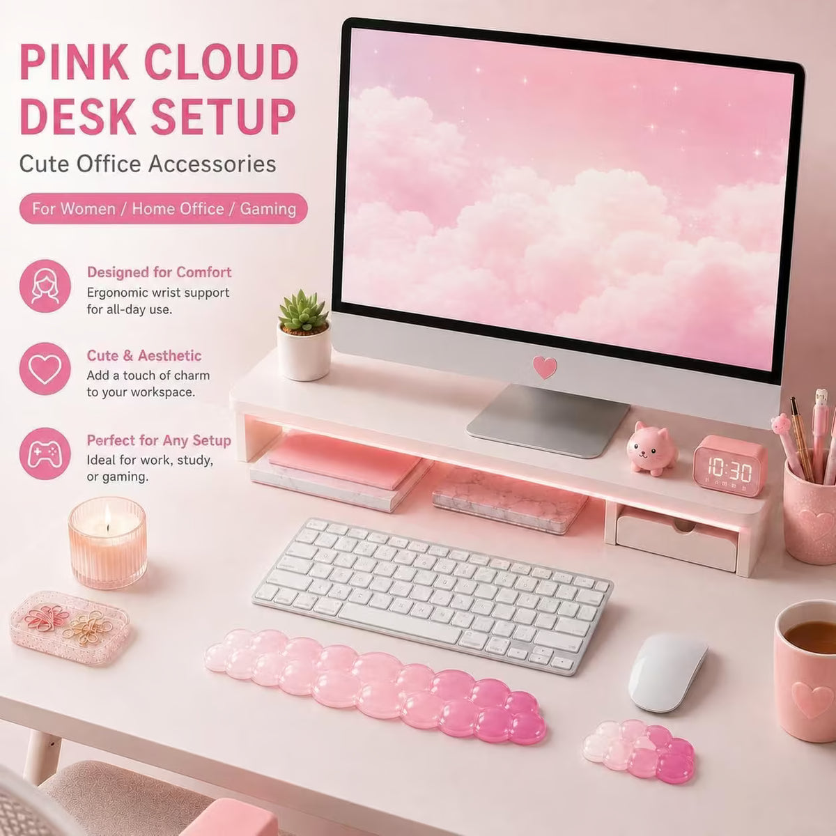 Pink Cloud Gel Keyboard Wrist Rest Set for Women, Non-Slip Mouse Pad