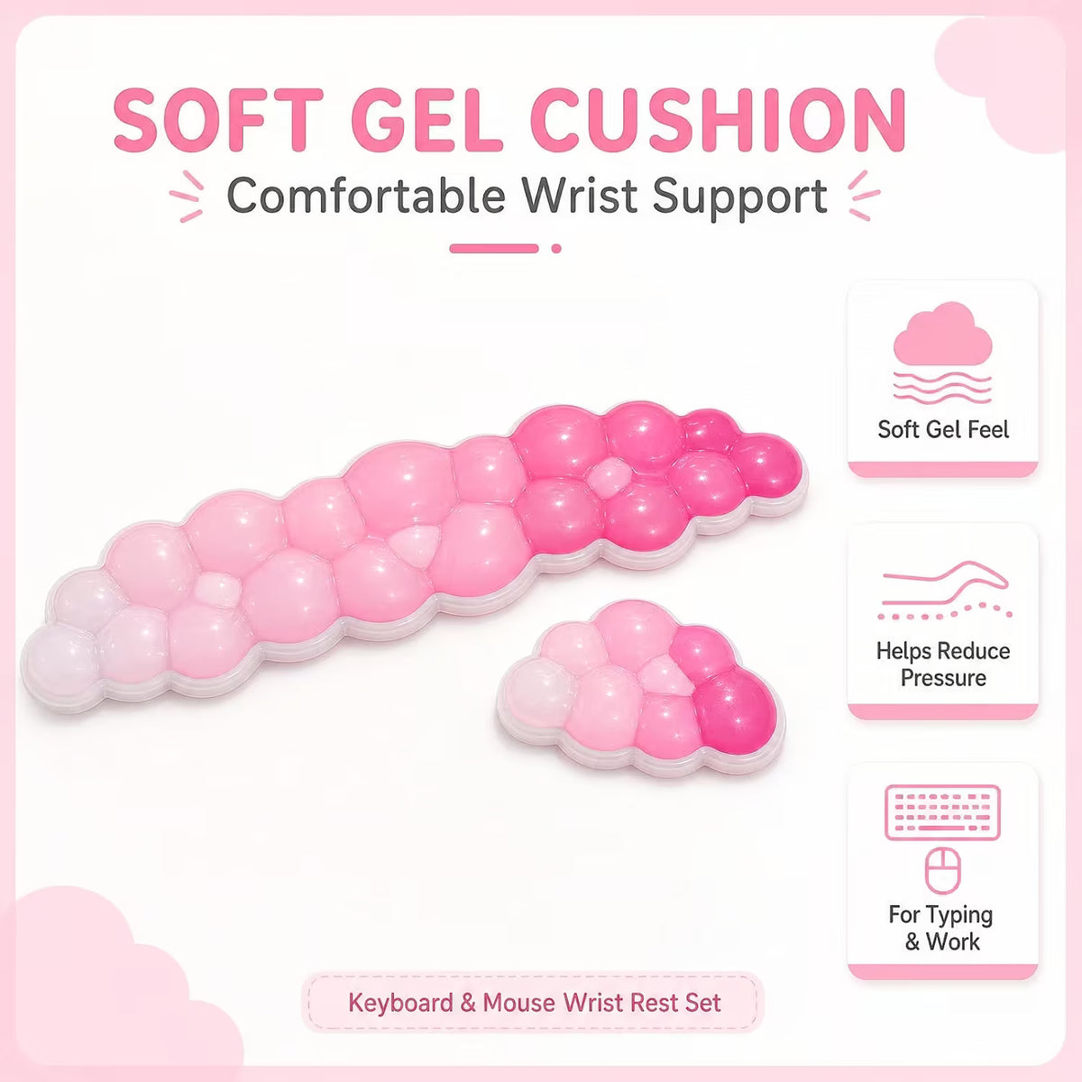 Pink Cloud Gel Keyboard Wrist Rest Set for Women, Non-Slip Mouse Pad