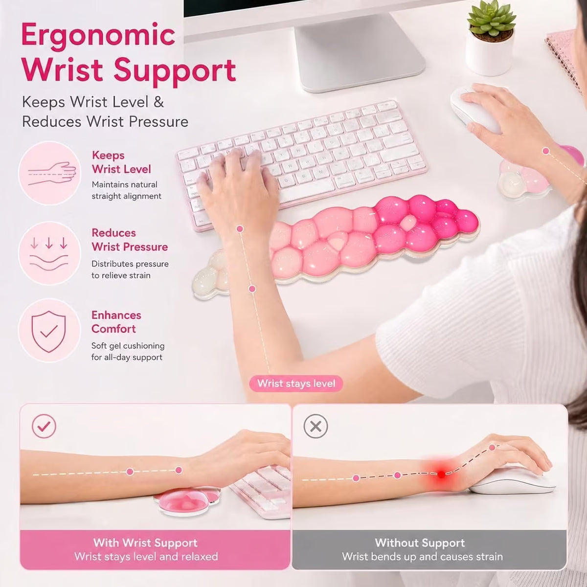 Pink Cloud Gel Keyboard Wrist Rest Set for Women, Non-Slip Mouse Pad